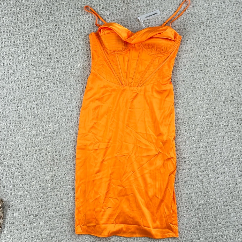 bright orange silk Trendy & Unique corset style midi dress, size Large